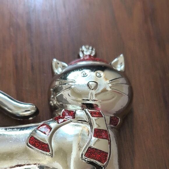 Silver Cat Stocking Holders with Red Glitter Accents Set of 2 - Picture 4 of 9
